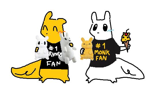 monk wearing a black shirt that says "number one survivor fan" while holding two survivor plushies. survivor is standing next to them, wearing a "number one monk fan" shirt, holding a monk plushie and a monk themed ice cream cone
