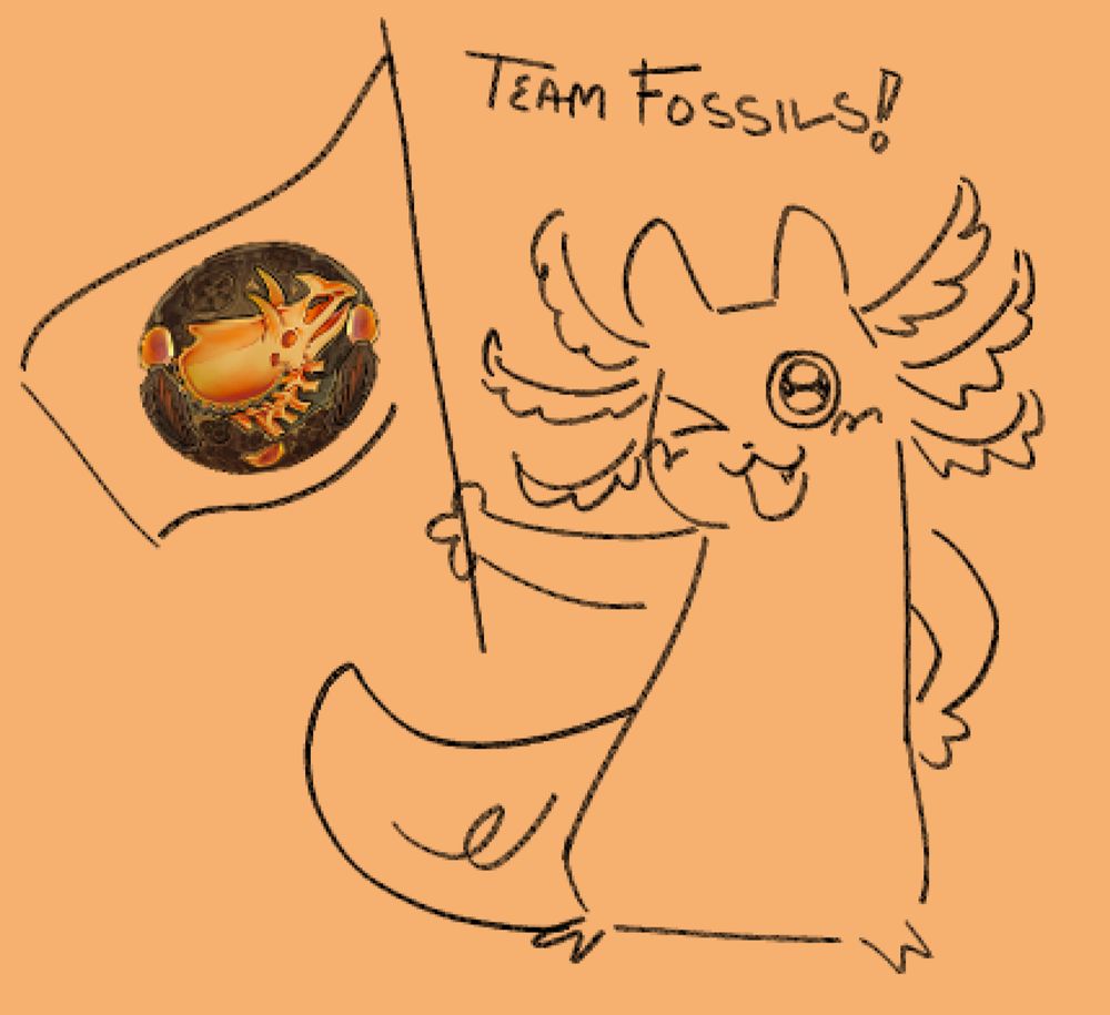 rivulet holding up a flag with the team fossils icon on it from artfight