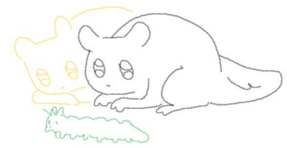 survivor and monk crouched on the ground, looking at a slugcat-like caterpillar.