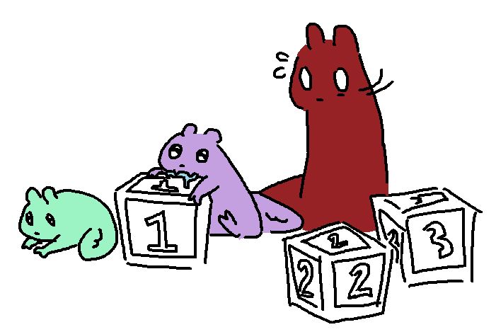 artificer watching their pups. the mint one is lying on the ground, but the purple one is biting on a number block, startling artificer. the number blocks are one, two, and three, referencing the post number.