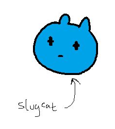 a blue orb with a slugcat face and ears. a arrow points to it, reading "slugcat". (this is a reference to pipis from deltarune)