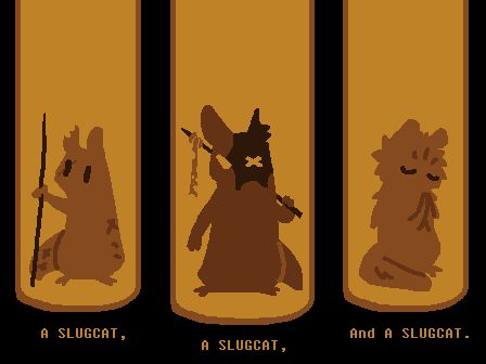 three slugcats, in a brown color palette, standing in three spotlights. the first is hunter, holding a spear, and text below them says "a slugcat". next is artificer holding an explosive spear, text below saying "a slugcat". last is saint, holding their paws together with text below saying "and a slugcat". it's a redraw of the deltarune legend with slugcats