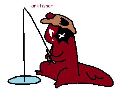 artificer wearing a fishing hat and fishing in a small water hole. text above them reads "artifisher"