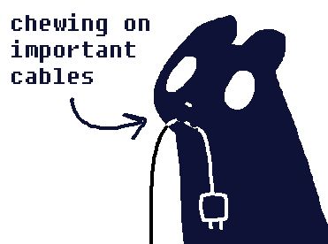 watcher holding a plug in their mouth. next to them is text with an arrow pointing to them which says "chewing on important cables"