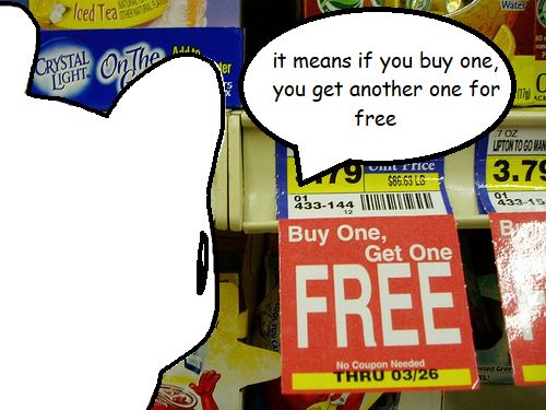 survivor looks down at the tag and says, "it means if you buy one, you get another one for free"