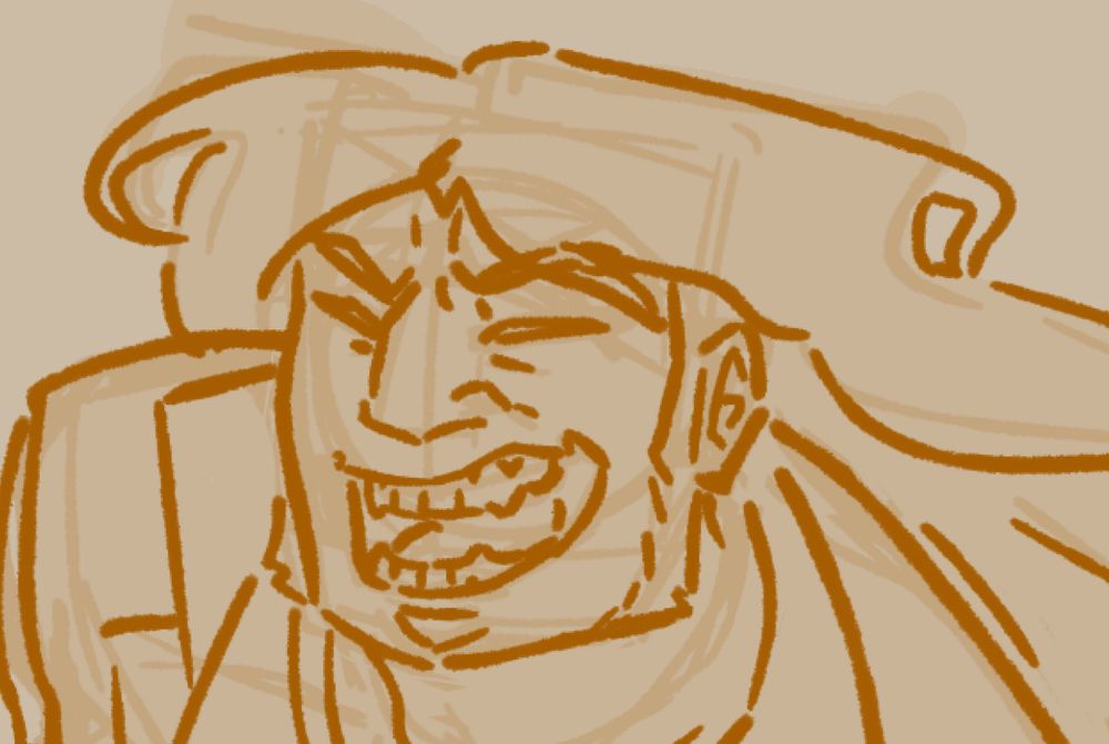 Close-up headshot of Eddie Riggs from Brutal Legend (2009). He is grinning with an open mouth and crinkled nose bridge, hair flared with motion and eyes squinted shut with drawn brows. It seems he is having fun.