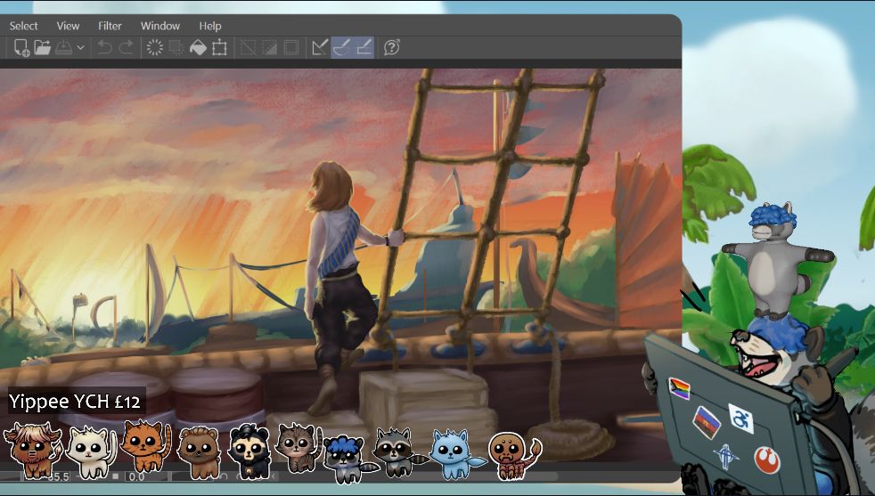 a screenshot from a livestream showing a digital painting being worked on in the clip studio program. to the right of the art sits an anthro raccoon with curly blue hair that covers his eyes, holding a large tablet in his lap and speaking over it. behind him is a digitally painted background of a tropical island, and on top of him is a 3d model of the same character in a t-pose.