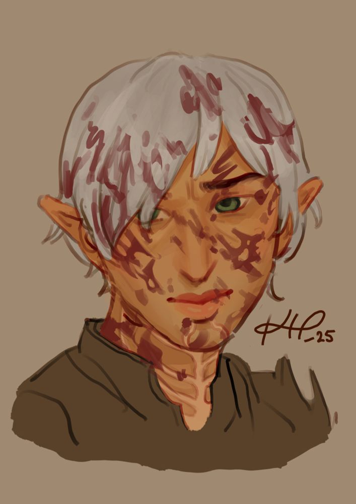 fenris from dragon age 2 gazing at the viewer lovingly but with slight melancholy but this time with blood all over him