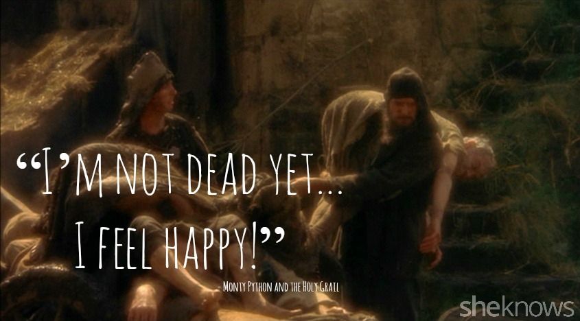 Screen shot from Monty Python and the Search for the Holy Grail where a man carries his grandfather to the 