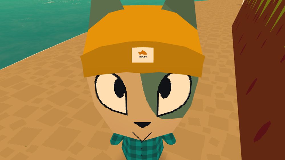My character in Webfishing staring right at the camera, closely.