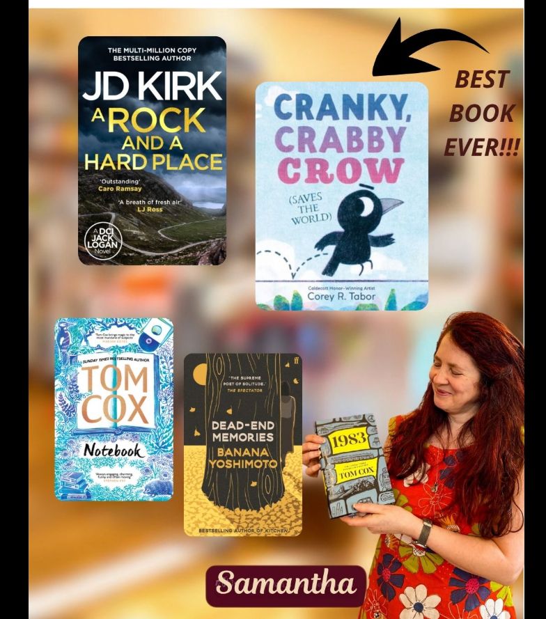 What Samantha's reading: #JDKirk #ARockAndAHardPlace #CoreyRTabor #CrankyCrabbyCrow #TomCox #Notebook #BananaYoshimoto #DeadEndMemories