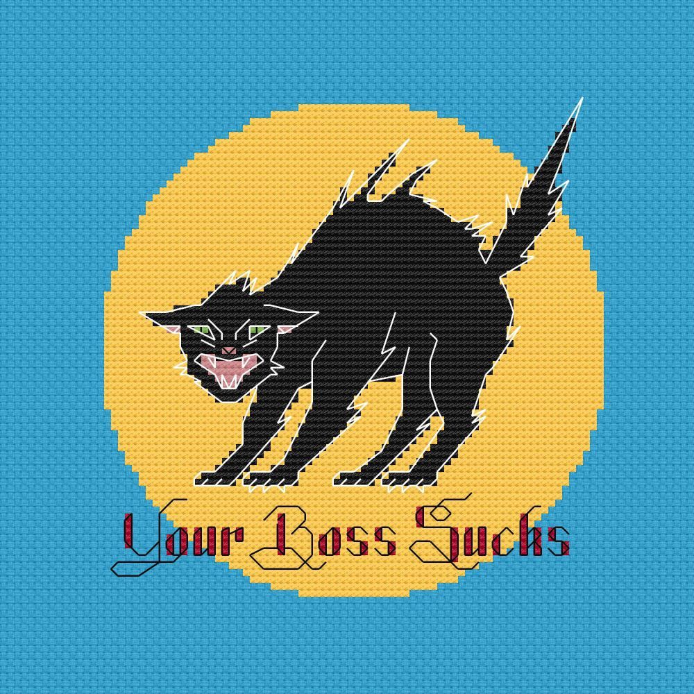 A cross-stitch image of a black cat hissing with the caption 'Your Boss Sucks'.