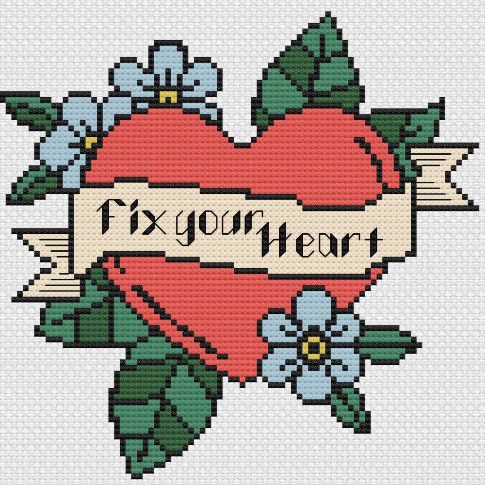 Cross-stitch pattern of a tattoo-style heart with blue flowers and the caption 'Fix your Heart'.