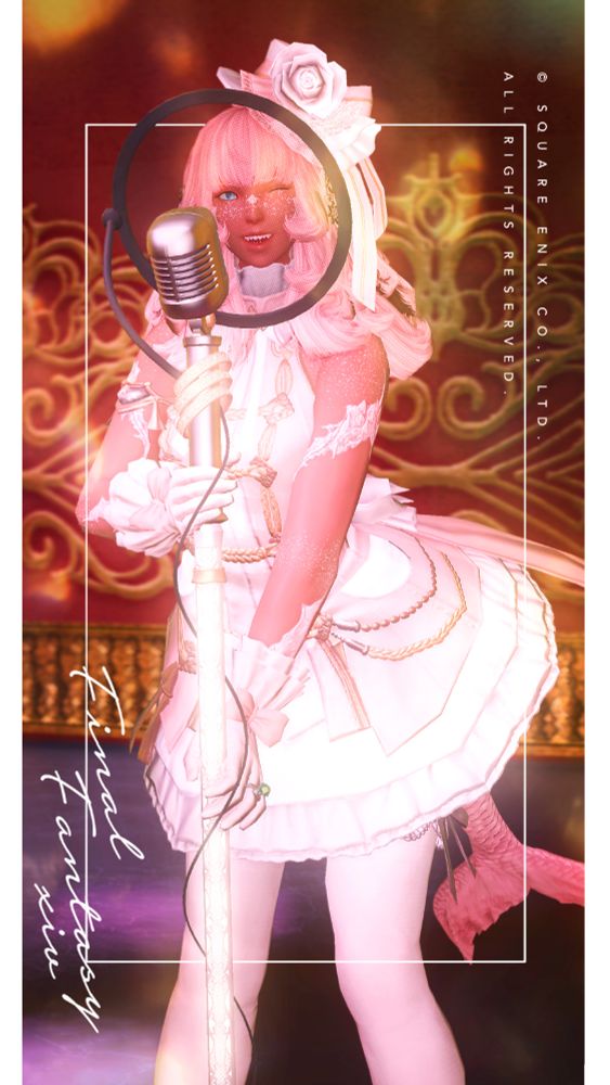 a  vertical ffxiv screenshot of a female raen au ra singing in a standing microphone