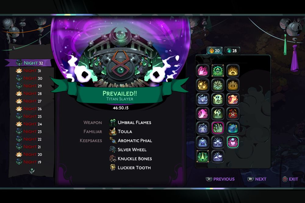 Screenshot of a night review in the game Hades 2. It shows on Night 32 that I prevailed as a titan slayer in just under 47 minutes. The weapon in use was Umbral Flames (the torches), my familiar was Toula the cat, and the keepsakes used across the run were the Aromatic Phial, Silver Wheel, Knuckle Bones, and Luckier Tooth. Also shows I used 20 different boons from the gods and my grasp was at 28.