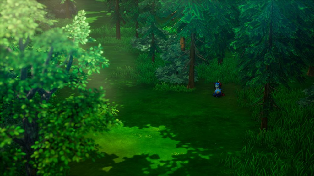An opening scene from Dragon Quest 1 shows a hero as a pixelated sprite sitting in armor in the shade in a lush green forest surrounded by beautifully rendered 3D trees.