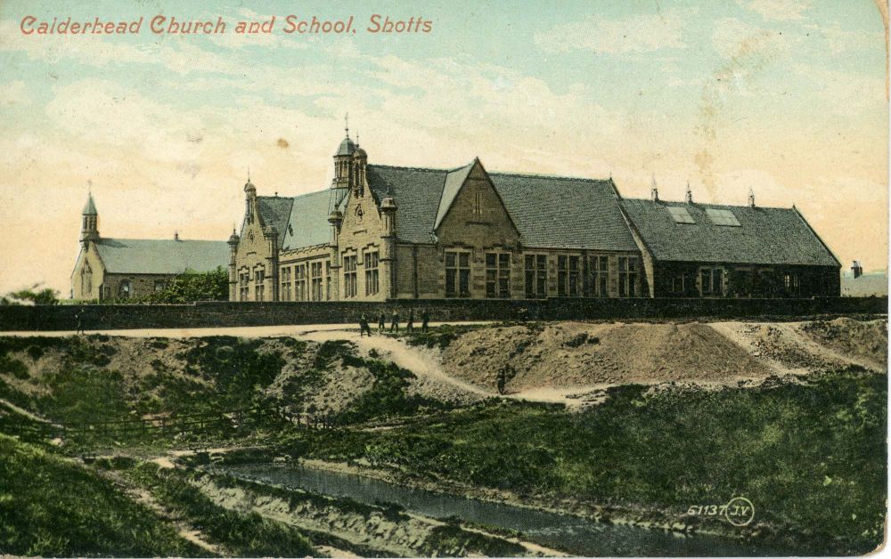 Colour potcard with the title in red at the top left: 'Calderhead Church and School, Shotts'. Shows the stone-built Calderhead School and Church on high ground with a narrow reservoir in excavated ground in the foreground.