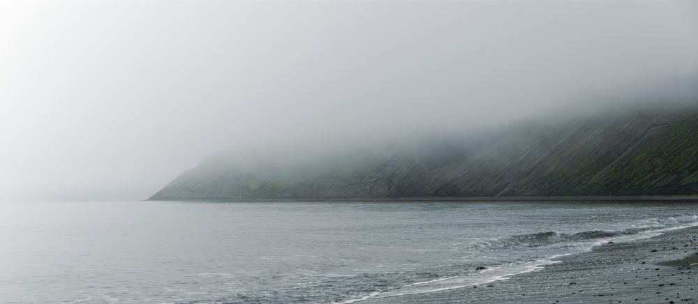 Heavy fog obscures the sky and a distant bluff along a Northwest beach. Gentle waves sweep onto the beach speckled with cobbles.