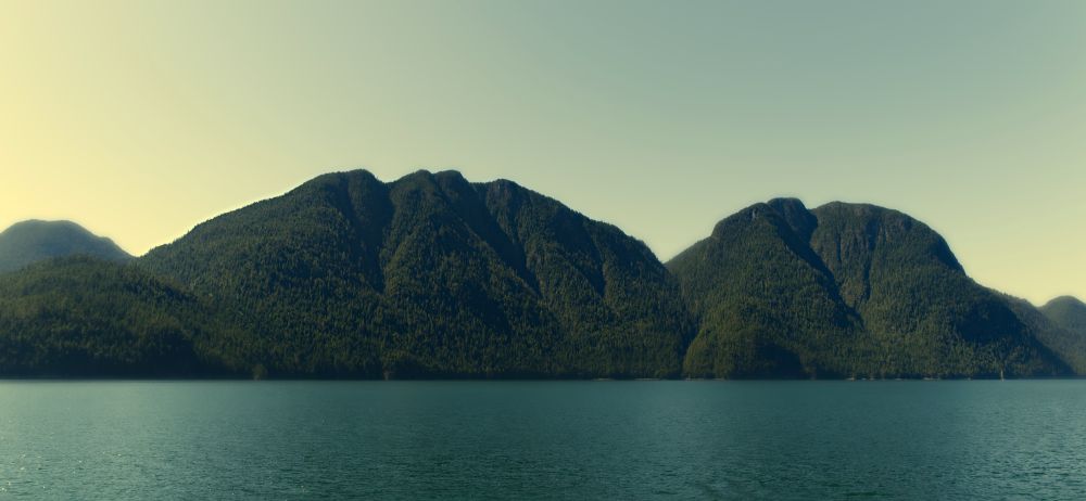 Tree-covered mountain rise abruptly above the aqua waters of Toba Inlet, British Columbia against a clear sky.