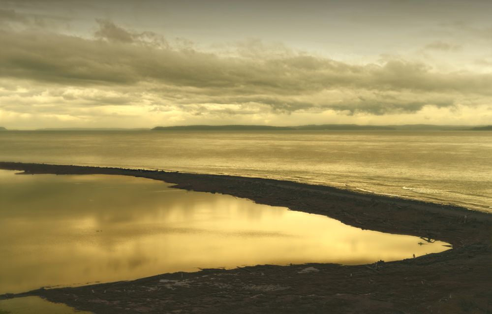 Landscape of a dark, narrow spit with a large smooth tidepool enclosed by the spit and Admiralty Inlet outside with distant land and clouds.  The scene is golden with shiny water in the foreground.
