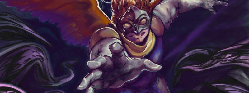 A dynamic illustration of a superhero character with wings, wearing a helmet and a cape, reaching out with an outstretched hand against a dark, swirling background. The character appears determined and powerful.