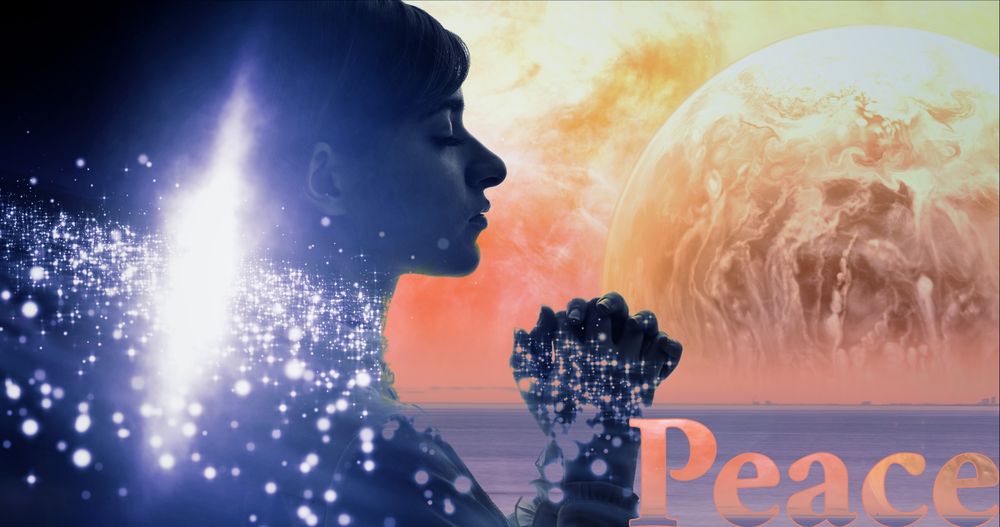 Foreground: young woman in silhouette, her fists clamped in front of her face. The silhouette is filled with stars.
Background: a huge orange planet setting into a deep purple sea. The word PEACE is picked out in orange and purple.