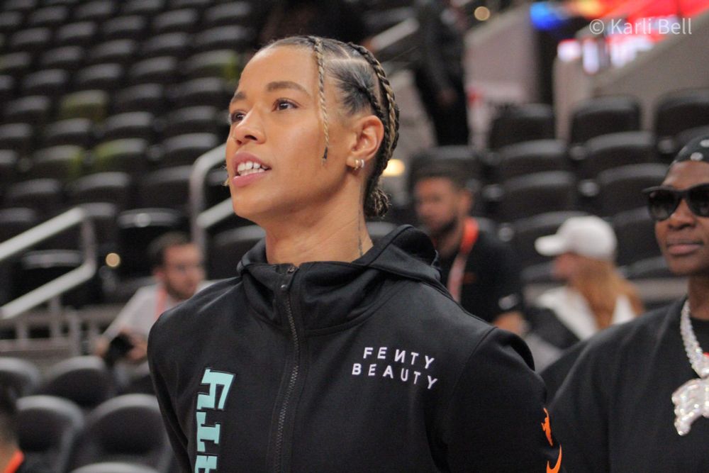 Natasha Cloud warming up before the 2025 WNBA Skills Challenge