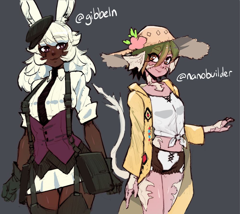 Two player characters from Final Fantasy XIV stand beside each other. A tall dark-skinned woman with white hair and rabbit ears is wearing a white button-up shirt with sleeves, a black neck-tie, a purplish red vest/corset and suspenders with a white skirt and thigh highs. She wears gloves, a hat, and wears two large pouches on her hips. Standing beside her is a tanned girl with pale lizard scales scatted across her body, along with fin-shaped horns on the sides of her head and a slender, pointed reptile tail. She has green hair with blonde highlights and yellow eyes. She wears a white shirt tied off at the bottom, some white and brown shorts, and a light yellow coat. She has a straw sun hat on her head adorned with a flower.