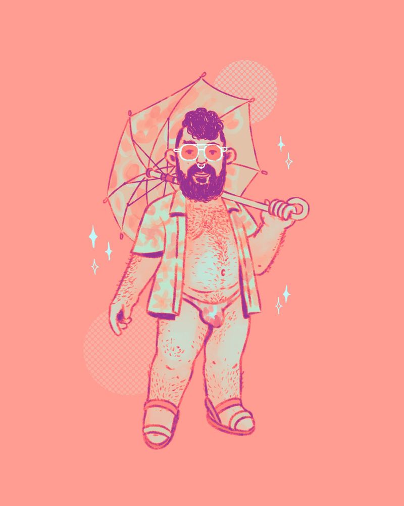 drawing; a bearded guy, wearing a shirt, thong, and glasses, while holding an umbrella
