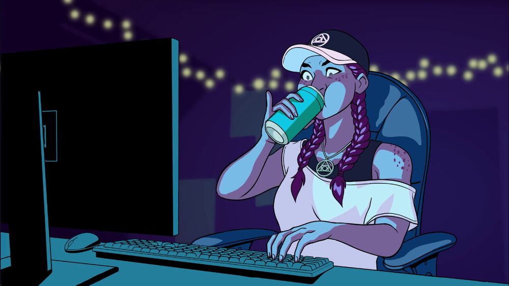 A screenshot of Rafaela, the main character of High Elo Girls, sitting at her desk and about to spray energy drink everywhere