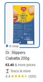 A screenshot of a Google Shopping product listing for some Schär gluten free ciabatta rolls - but the product name is listed as "Dr. Slippers Ciabatta"