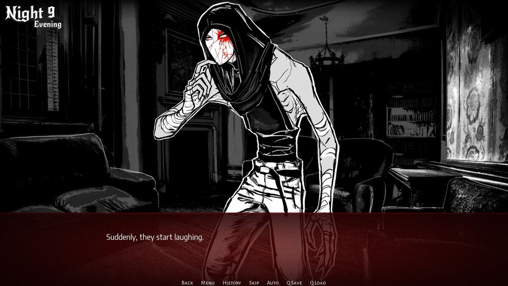 A screenshot of the visual novel game Fledgling Manor. The art is mostly black and white with splashes of red, and in the middle of the image stands Eight, a tall Nosferatu-like vampire in a street fashion outfit complete with hood and mask. The text in the box below reads: "Suddenly, they start laughing."