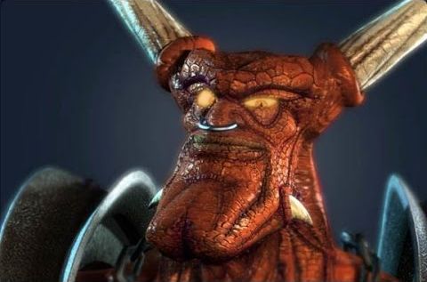 A screenshot of Horny (a giant muscly devil with red skin, giant horns, and of course a nose ring) of Dungeon Keeper fame