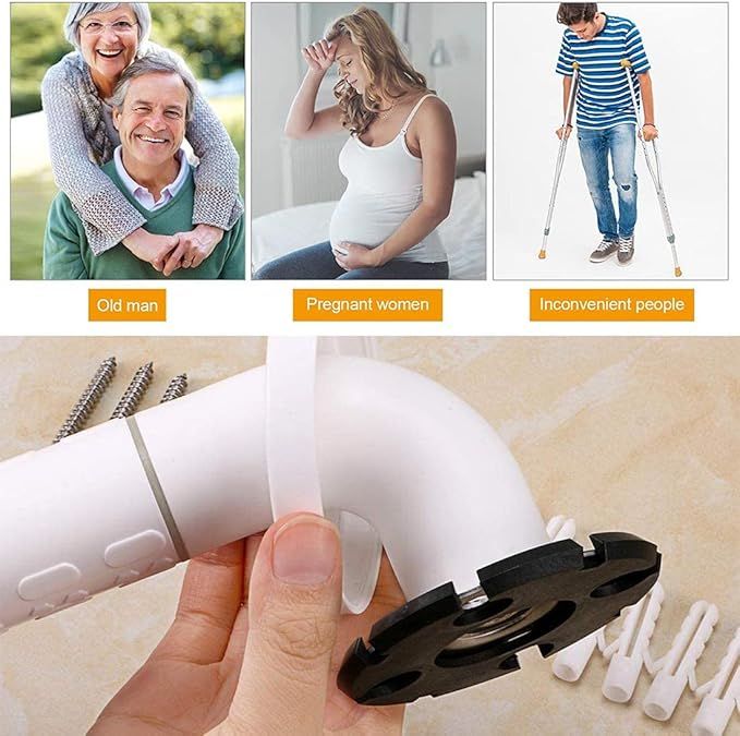 A product image for a bathroom grab bar. The bottom image shows the product itself, while above is a row of three images:
A grey-haired older couple (with the subtitle "Old man")
A pregnant lady looking Done With This Shit (with the subtitle "Pregnant woman")
A person on crutches (with the subtitle "Inconvenient people")