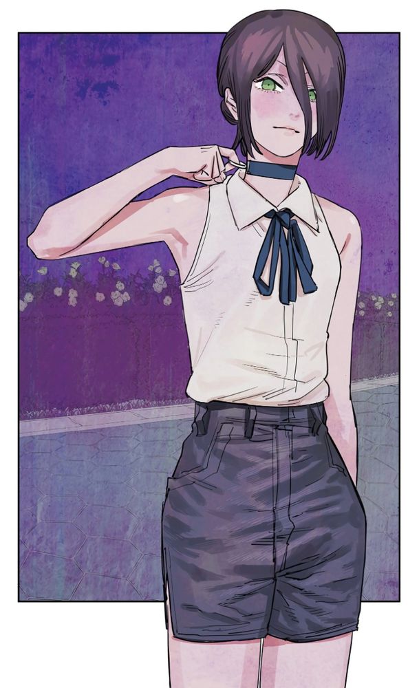 chainsaw man color manga panel of the mystery girl Reze, the bomb devil, as she's about to pull the explodey mode rip cord coming out of her neck