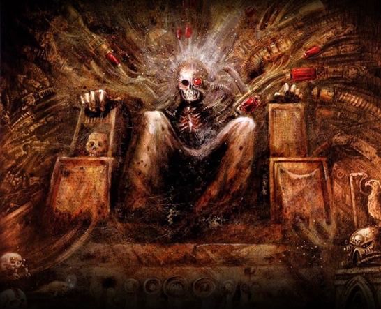 Warhammer 40k classic painting of the Emperor of the Imperium of Man or whatever sitting on his throne with tubes going into his body all over. His face is a skull. He sits, decayed, decaying, inspiring nothing but rot and death.