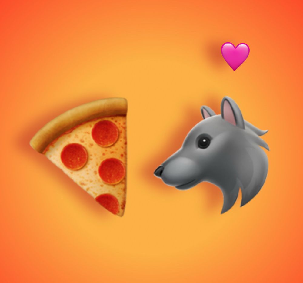 A wolf with a little pink heart floating above its head, looking at a slice of pizza. All rendered as emojis on a spotlit orange background.
