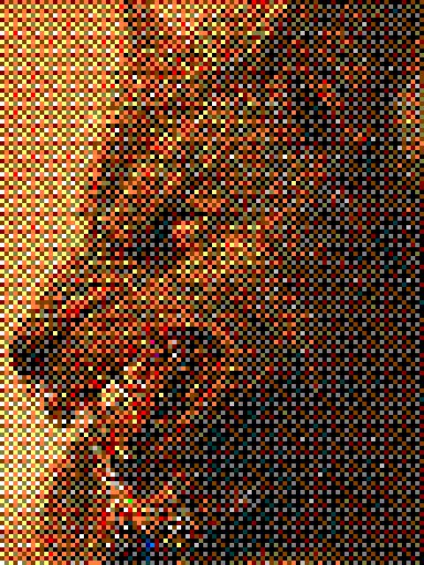 The original photo, scaled down and processed with a Bayer dithering algorithm and a Macintosh 16-color palette 