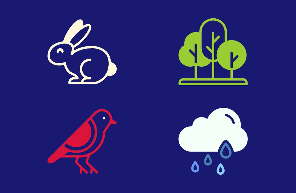 Four vector icons: a cream-coloured rabbit, green trees, a crimson bird with a white eye, and a silver cloud with raindrops in different shades of blue