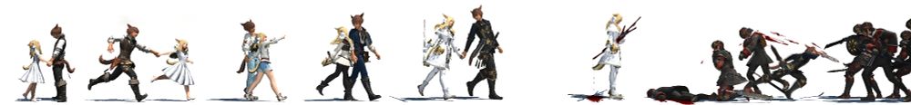 W'zher and Thalia throughout the years since they met. Their journey starting on the left with their first meeting. Thalia leads them in their adventure as W'zher starts to walk beside her and gets ahead. 
During the calamity, Thalia receives an injury that changes her ability to use aether. W'zher awakens to his soul crystals memories, protecting Thalia in her compromised state. 
