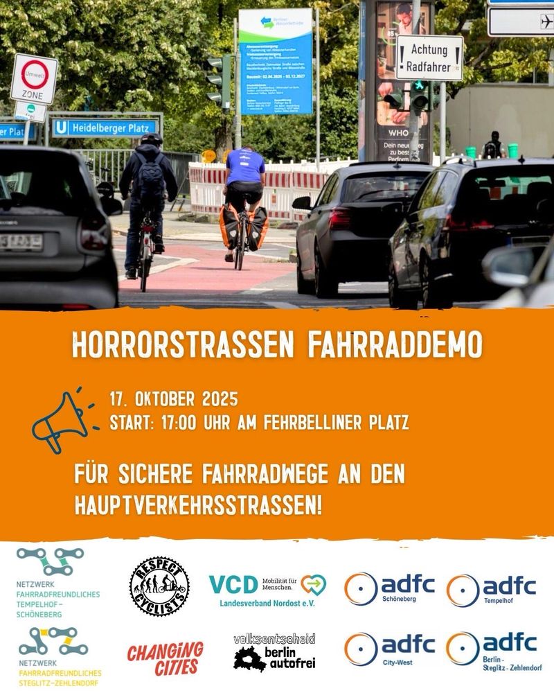Sharepic vom ADFC Berlin zur 2. Demo Horrorstraßen am 17.10.2025 um 17 Uhr mit den Logos zahlreicher Verbände. 