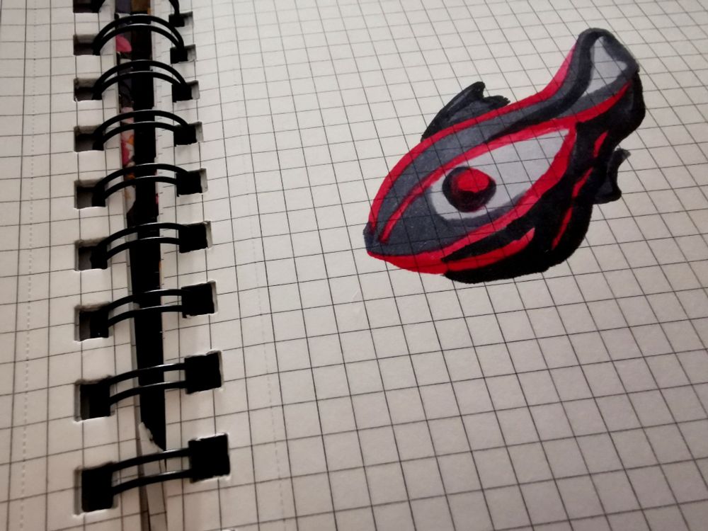 Zeichnung in rot-grau-schwarz eines Fisches auf einem kariertem Heft