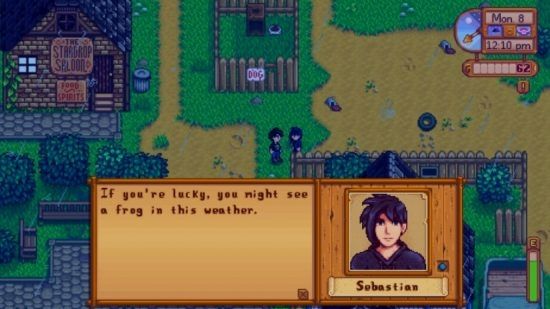 Stardew Valley screenshot of the character Sebastian saying "If you're lucky, you might see a frog in this weather."