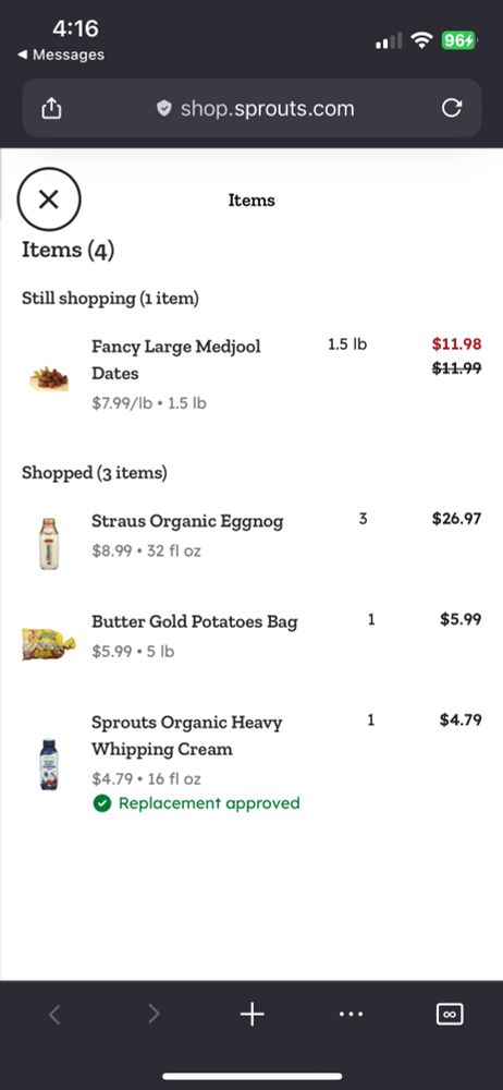 A grocery store order progress screen cap showing one item still shopping: fancy large medjool dates, and 3 items shopped: straus organic eggnog (YIPEE), butter gold potatoes bag, and sprouts heavy whipping cream 