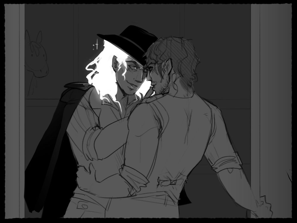 Volt and Eddie from Date Everything. The two men are chest-to-chest. Volt's glowing white hair shines in the dark and reflects off of Eddie's blushing face. 