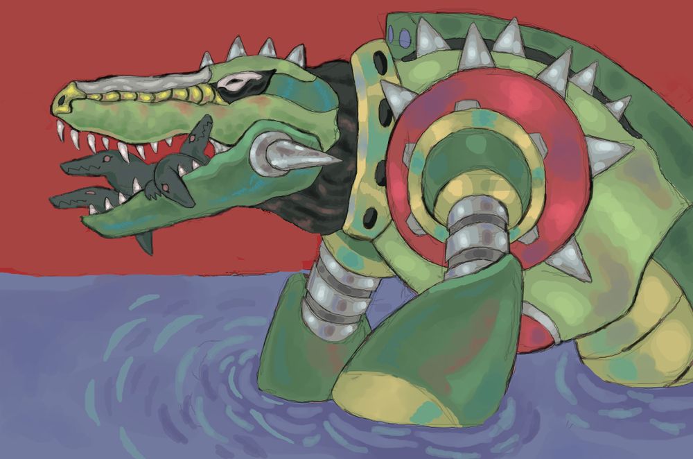 Wleel Gator carrying alligator babies in his mouth.