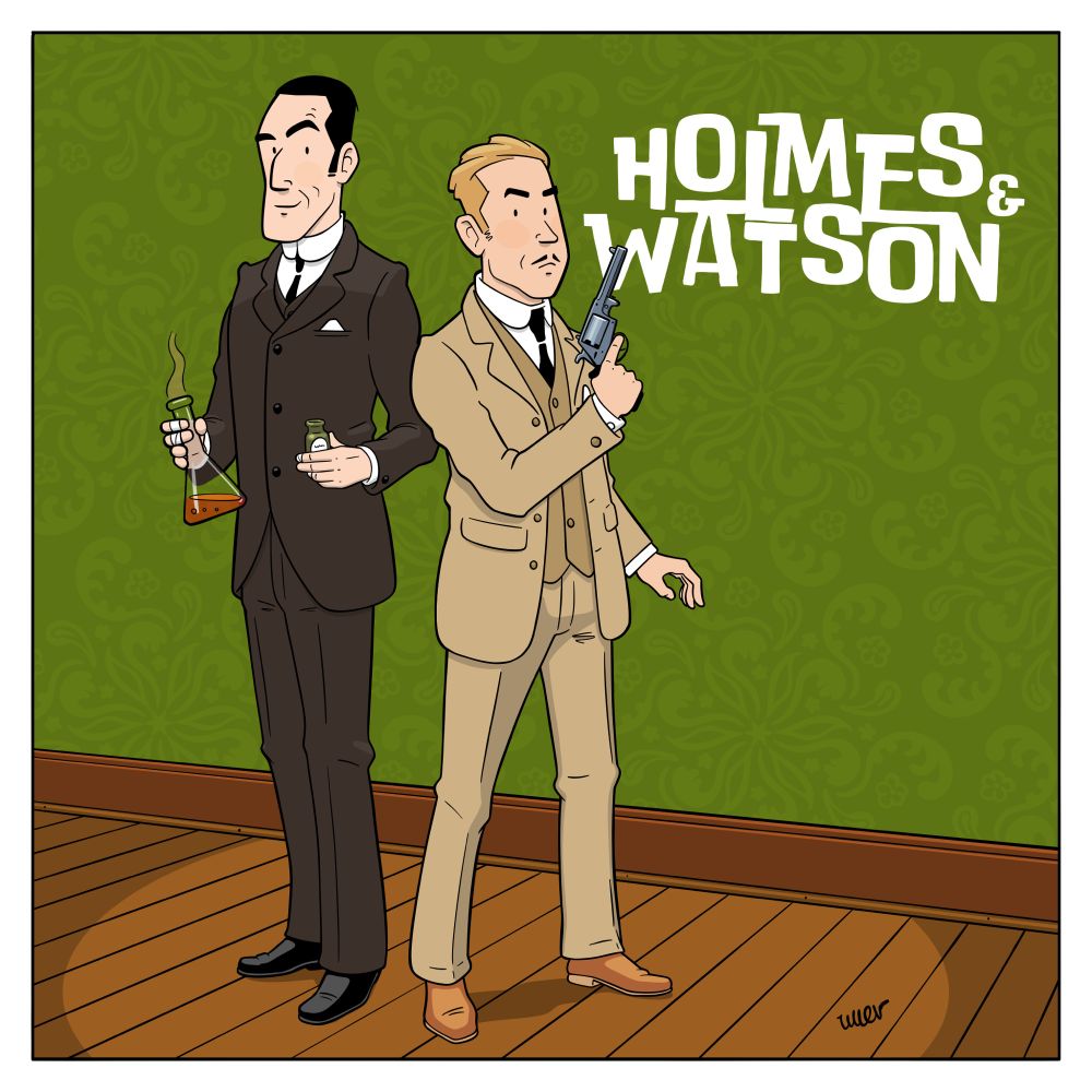 Ligne claire style illustration of Sherlock Holmes and Doctor John Watson.