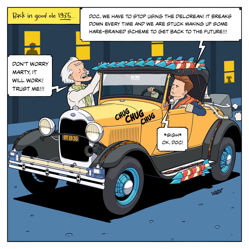 Ligne claire illustration of the characters from Back to the Future, Marty McFly and Doc Brown, trying to rig a Ford A with rockets, to get it to 88 mph.