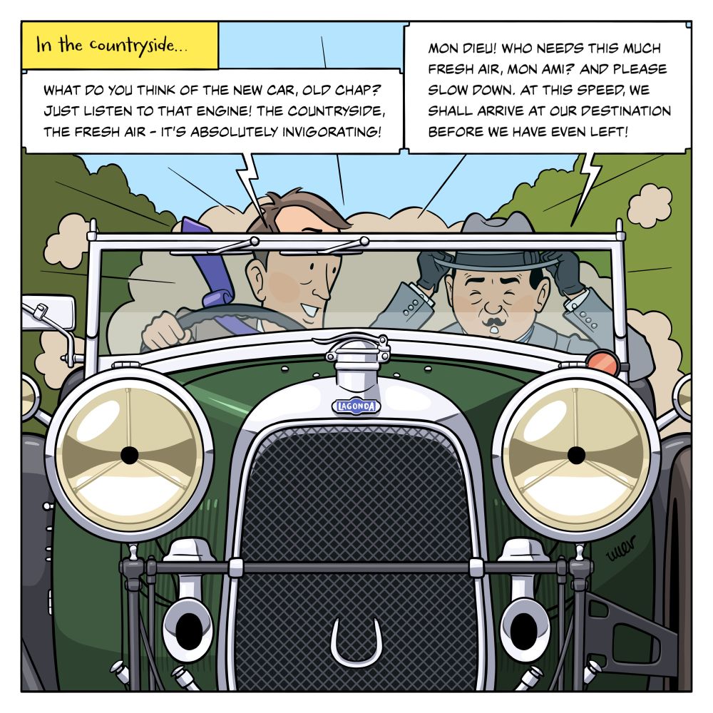 Illustration in the ligne claire style of Captain Hastings and Hercule Poirot out driving in Hastings’ new car, a 1931 Lagonda. Poirot is trying to keep his hat on, while Hastings is enjoying every moment.
