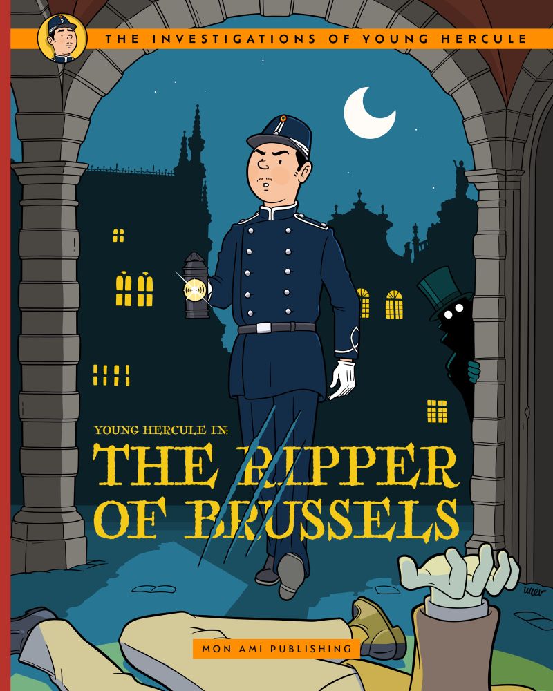 Ligne claire styled comic book album cover of Hercule Poirot as a young police officer in Brussels, Belgium back in the late 1800s, investigating a scene.